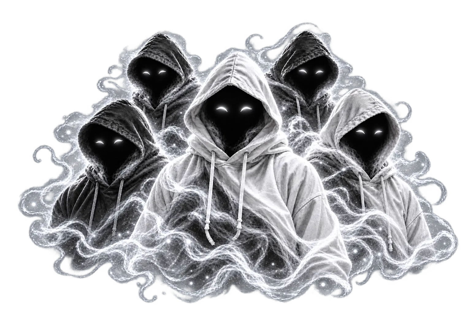 Five hoodie ghosts representing the Duhovi team. Each outlined ghost links to its FACEIT player.