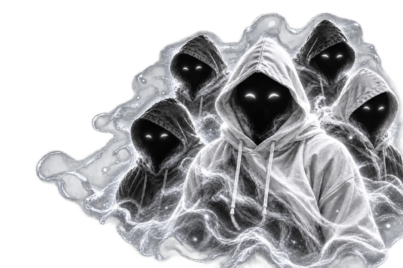 The Duhovi crew: five ghosts in hoodies, surrounded by silver smoke